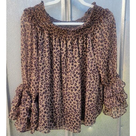 CeCe Leopard Print Long Sleeve Off-Shoulders Lined Blouse Size XS - Picture 2 of 8